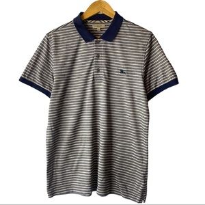 Burberry mens polo short sleeves striped tan navy blue size L embroidered
